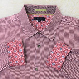 Ted Baker Check Button Up Shirt Softone Long Sleeve Flip Cuff Red Size 6